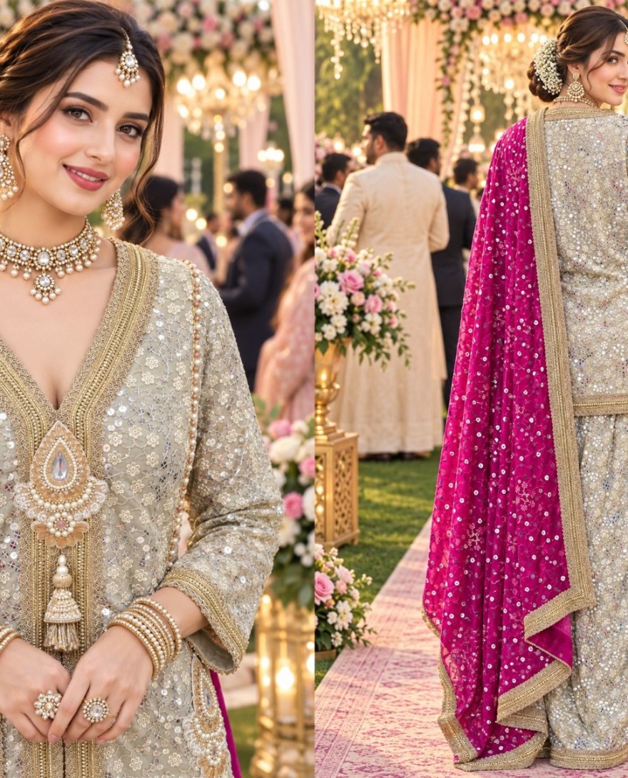 2183 - Gold Georgette Embroidered, Resham and Sequins Work Ceremonial Salwar Suit